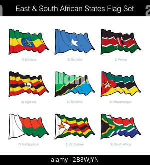 East and South African States Waving Flag Set. The set includes the flags of Ethiopia, Somalia, Kenya, Uganda, Tanzania, Mozambique, Madagascar, Zimba Stock Vector