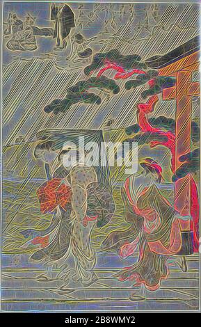 Sudden Shower at Mimeguri Shrine, c. 1787, Torii Kiyonaga, Japanese, 1752-1815, Japan, Color woodblock print, right sheet of oban triptych, 35.0 x 22.5 cm, Reimagined by Gibon, design of warm cheerful glowing of brightness and light rays radiance. Classic art reinvented with a modern twist. Photography inspired by futurism, embracing dynamic energy of modern technology, movement, speed and revolutionize culture. Stock Photo