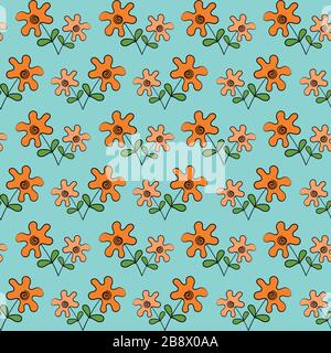 stylized cute orange flowers with a stem and leaves, many small ones on a blue background. seamless color vector pattern. Stock Vector