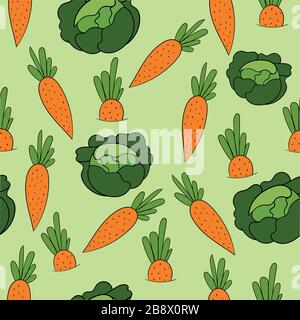cartoon orange cute colored carrot and green cabbage lots of small, seamless vector pattern on green background. Stock Vector