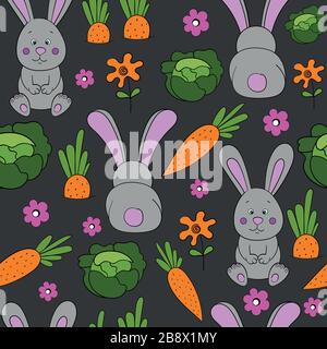 Seamless pattern with colored rabbits, flowers, carrots and cabbage on a gray background. Vector illustration. Stock Vector