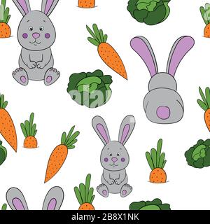 Seamless pattern with colored rabbits, flowers, carrots and cabbage on a white background. Vector illustration. Stock Vector