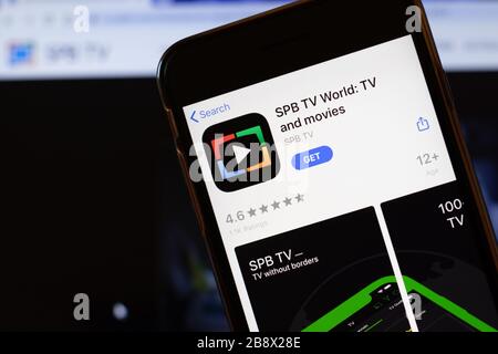 Los Angeles, California, USA - 24 March 2020: SPB TV WORLD app logo on phone screen close up with website on background with icon, Illustrative