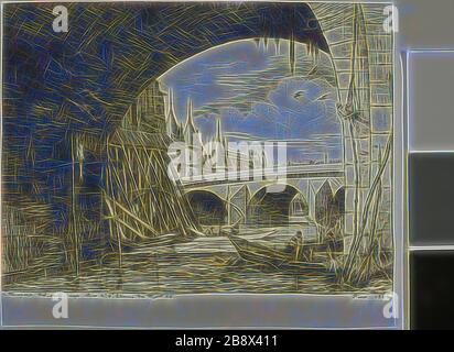 L’Arche du Pont Notre-Dame, 1853, Charles Meryon, French, 1821-1868, France, Etching and drypoint on paper, 125 × 169 mm (image), 140 × 169 mm (sheet), Reimagined by Gibon, design of warm cheerful glowing of brightness and light rays radiance. Classic art reinvented with a modern twist. Photography inspired by futurism, embracing dynamic energy of modern technology, movement, speed and revolutionize culture. Stock Photo