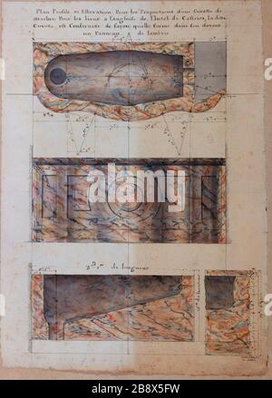 Up, profiles and elevations to the proportions of a marble bowl for places in Castries hotel's English 'Plan, profils et élévations pour les proportions d'une cuvette de marbre pour les 'lieux à l'anglaise' de l'Hôtel de Castries'. Anonyme. Dessin. Paris, Musée Carnavalet. Stock Photo