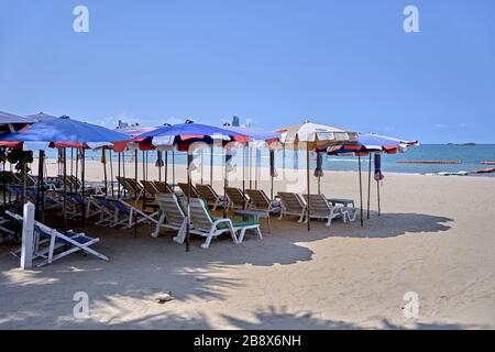 COVID-19 effect. Coronavirus lockdown Empty beach at Pattaya Thailand due to Coronavirus threat despite being the high season the beach is deserted. Stock Photo