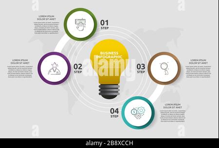 Modern vector light bulb infographics. Business template with circles and four steps. Success concept for graph, presentation, cycling diagram, chart Stock Vector