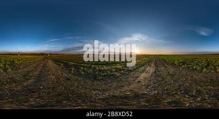 360 degree panoramic view of blue sky before sunset with beautiful awesome clouds. full seamless spherical hdri panorama 360 degrees angle view among fields in evening in equirect