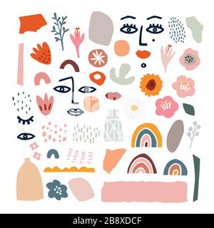 Set of abstract hand drawn shapes, flowers, floral elements, line art women faces. Flat modern artistic, minimalist design. Decorative isolated vector Stock Vector