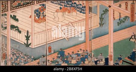 Lord Yoritomoku Watches A Noh Performance English Japan 19th Century Alternate Title Udaisho Yoritomoku Onno Joran No Zu Prints Woodcuts Triptych Color Woodblock Print 14 1 8 X 29 5 16 In 35 8 X