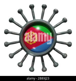 3d rendering of a national Eritrea flag over a virus covid19. Concept of the fight of the countries vs pandemic. Isolated on white background Stock Photo