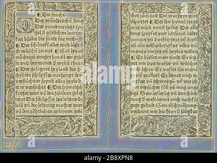 Devotional passages with ornamental borders from Andächtig Zeitglöcklein des Leben und Leidens Christi, Plate 17 from Woodcuts from Books of the 15th Century, 1493, portfolio assembled 1929, Unknown Artist (Ulm, 15th century), printed and published by Konrad Dinckmut (German, active 1476-1499), original text by Bertholdus von Regensburg (German, c. 1220–1272), portfolio text by Wilhelm Ludwig Schreiber (German, 1855–1932), Germany, Woodcut and letterpress in black (recto and verso) on cream laid paper, tipped onto cream wove paper mat, 135 x 194 mm, Reimagined by Gibon, design of warm cheerful Stock Photo
