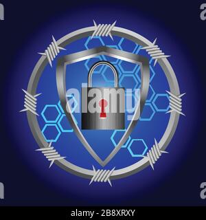 Cyber Security Background With Metallic Circular Border With Barbwire Shield And Padlock With Red Key Hole Over Dark Blue Stock Vector