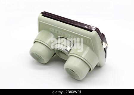 Back of vintage stereoscopic slide viewer, front view, isolated on white background, close-up Stock Photo