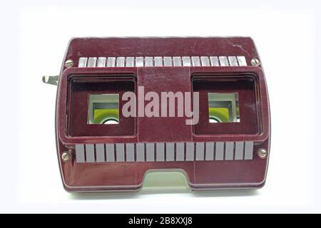 Vintage stereoscopic slide viewer, front view, isolated on white background, close-up Stock Photo