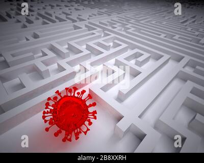 coronavirus in the labyrinth maze, 3d illustration Stock Photo