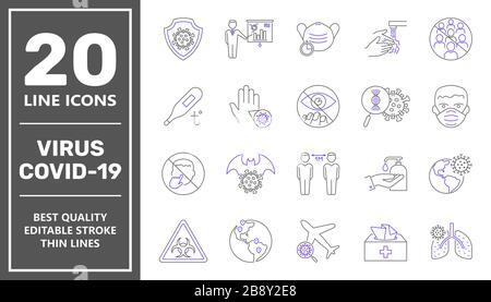 Coronavirus line icon set. Coronavirus Protection Related Vector Line Icons. Icons are included such as covid-19 virus, face shield, incidence Stock Vector