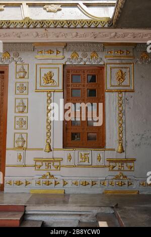 Close wooden window with beautiful designs and decorating pattern Stock Photo