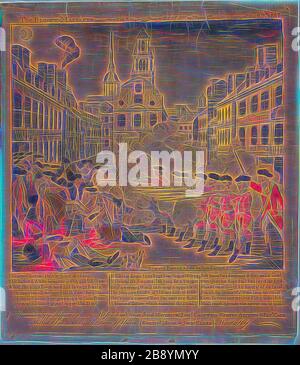 The Boston Massacre, 1770, Paul Revere, II, American, 1735-1818, United States, Wood engraving, with hand coloring, on tan laid paper, 202 x 219 mm (image), 262 x 230 mm (block), 276 x 240 mm (sheet), Reimagined by Gibon, design of warm cheerful glowing of brightness and light rays radiance. Classic art reinvented with a modern twist. Photography inspired by futurism, embracing dynamic energy of modern technology, movement, speed and revolutionize culture. Stock Photo