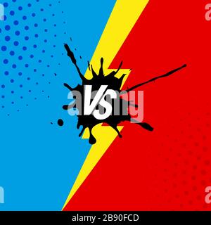 Versus VS lightning symbol template. Vector illustration. Blue and red corners, blot and halftone background. Stock Vector