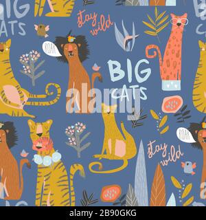 Seamless pattern of cartoon wild cats. Lion,tiger,leopard with exotic flowers Stock Vector