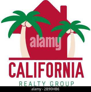 California real estate vector icon. Home symbol and two palm trees. Branding idea, business card emblem. Stock Vector