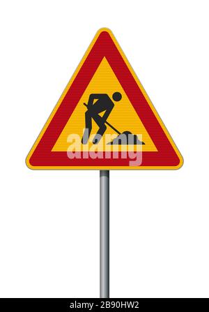 Vector illustration of the Men At Work triangular road sign on metallic post Stock Vector