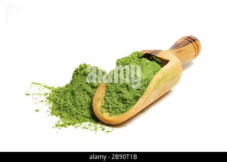 Pure organic barley grass powdered on white isolated background Stock Photo