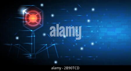 Abstract technology background with glowing virus, binary code and circuit pattern, sparkle effect. Stock Vector