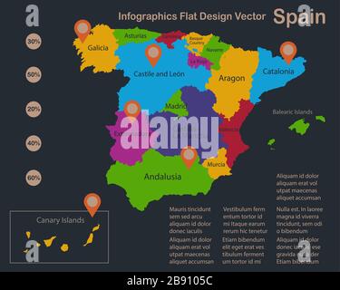 Infographics Spain map, flat design colors, with names of individual regions, blue background with orange points vector Stock Vector