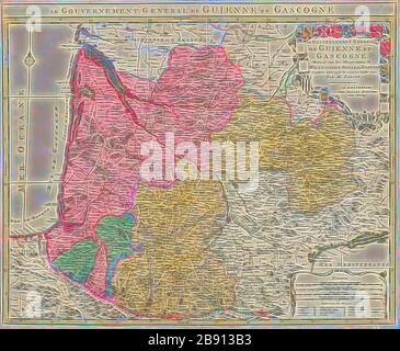 Map, Le gouvernement general de Guienne et Gascogne, Nicolas Sanson (1600-1667), Copperplate print, Reimagined by Gibon, design of warm cheerful glowing of brightness and light rays radiance. Classic art reinvented with a modern twist. Photography inspired by futurism, embracing dynamic energy of modern technology, movement, speed and revolutionize culture. Stock Photo
