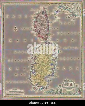 Map, Insularum Sardiniae et Corsicae descriptio, Frederick de Wit (1610-1698), Copperplate print, Reimagined by Gibon, design of warm cheerful glowing of brightness and light rays radiance. Classic art reinvented with a modern twist. Photography inspired by futurism, embracing dynamic energy of modern technology, movement, speed and revolutionize culture. Stock Photo