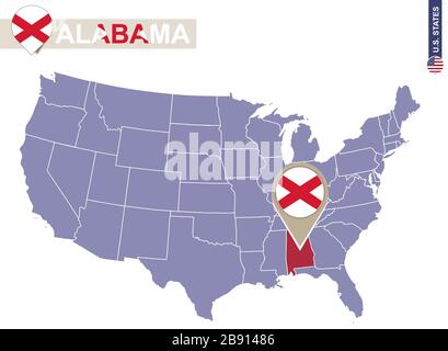 Alabama State on USA Map. Alabama flag and map. US States. Stock Vector