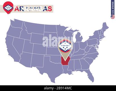 Arkansas State on USA Map. Arkansas flag and map. US States. Stock Vector