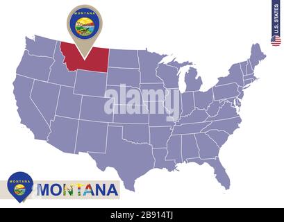 Montana State on USA Map. Montana flag and map. US States. Stock Vector