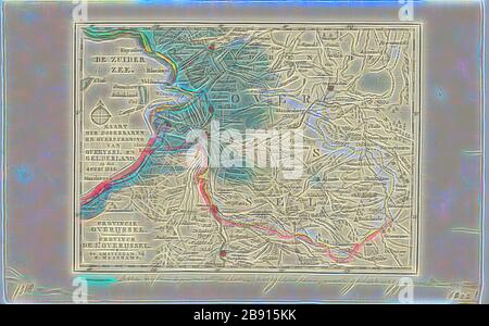 Map, Kaart der doorbraken en overstroming van Overysel en Gelderland op den 4 feb.y 1825, Copperplate print, Reimagined by Gibon, design of warm cheerful glowing of brightness and light rays radiance. Classic art reinvented with a modern twist. Photography inspired by futurism, embracing dynamic energy of modern technology, movement, speed and revolutionize culture. Stock Photo