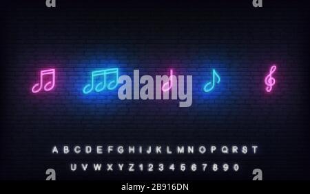 Music notes neon template. Musical notes glowing sign Stock Vector