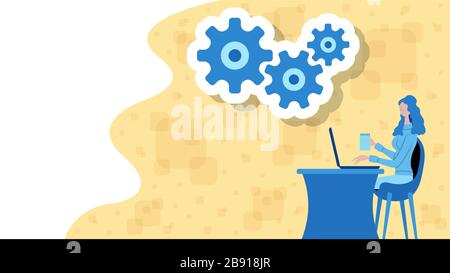 Business woman working for production and services with cogweels icon. All the objects, shadows and background are in different layers. Stock Vector