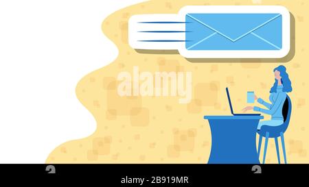 Business woman writing message with a email icon. All the objects, shadows and background are in different layers. Stock Vector