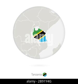 Map of Tanzania and national flag in a circle. Tanzania map contour with flag. Vector Illustration. Stock Vector