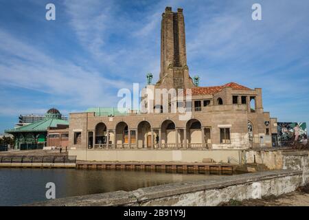 Asbury Park, NJ, USA - March 5, 2020:  Convention Hall on a sunny winter day lined with artwork Stock Photo