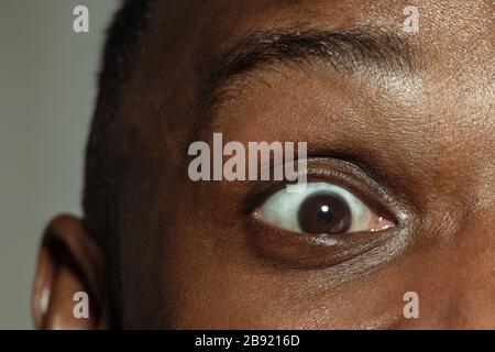 Shocked. Close up of face of beautiful african-american young man, focus on eyes. Human emotions, facial expression, cosmetology, body and skin care concept. Well kept skin. Wellbeing. Stock Photo