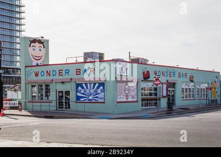 Asbury Park, NJ, USA - March 5, 2020:  Wonder Bar restaurant and bar exterior on a cloudy day Stock Photo