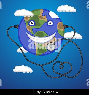 Planet earth character with a stethoscope on an isolated background. Vector image Stock Vector