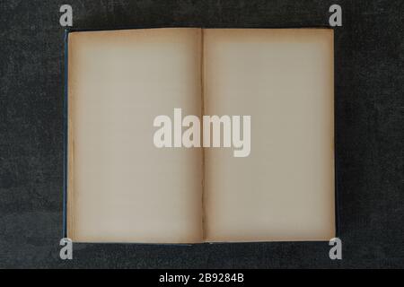 Antique hardcover book with blank pages. Old yellow paper background design element to place your images and text. Stock Photo