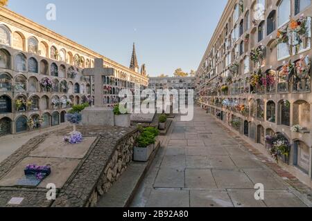Passage with crosses in historic Poblenou Cemetery in Barcelona Stock Photo