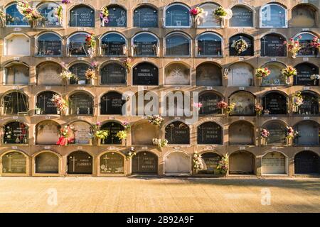 Grave stones at historic Poblenou Cemetery in Barcelona Stock Photo