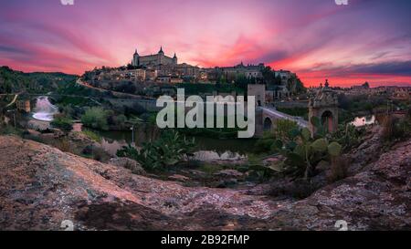 Beautiful panoramic view of Toledo at sunset. Travel concept. Stock Photo