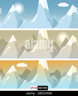 Illustration banners of mountains in various seasons in flat color style Stock Vector