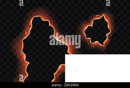 Set of burning paper holes, edges, frames with fire sparks isolated on transparent background. Stock Vector